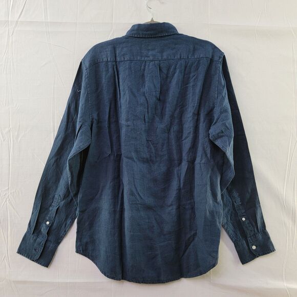 J CREW 100% Linen Navy Blue Brushed Twill Long-Sleeve Button-Down Shirt Size L - Picture 2 of 8